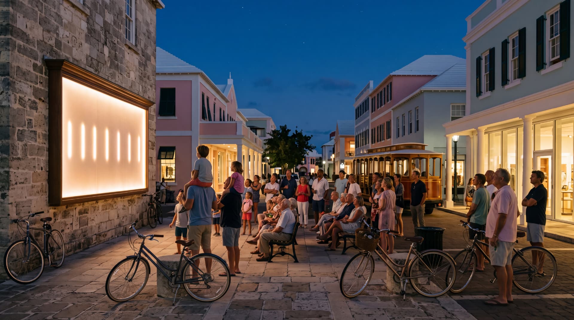 A crowd gathered in a Hamilton street at night watching a glowing public scoreboard of outcomes