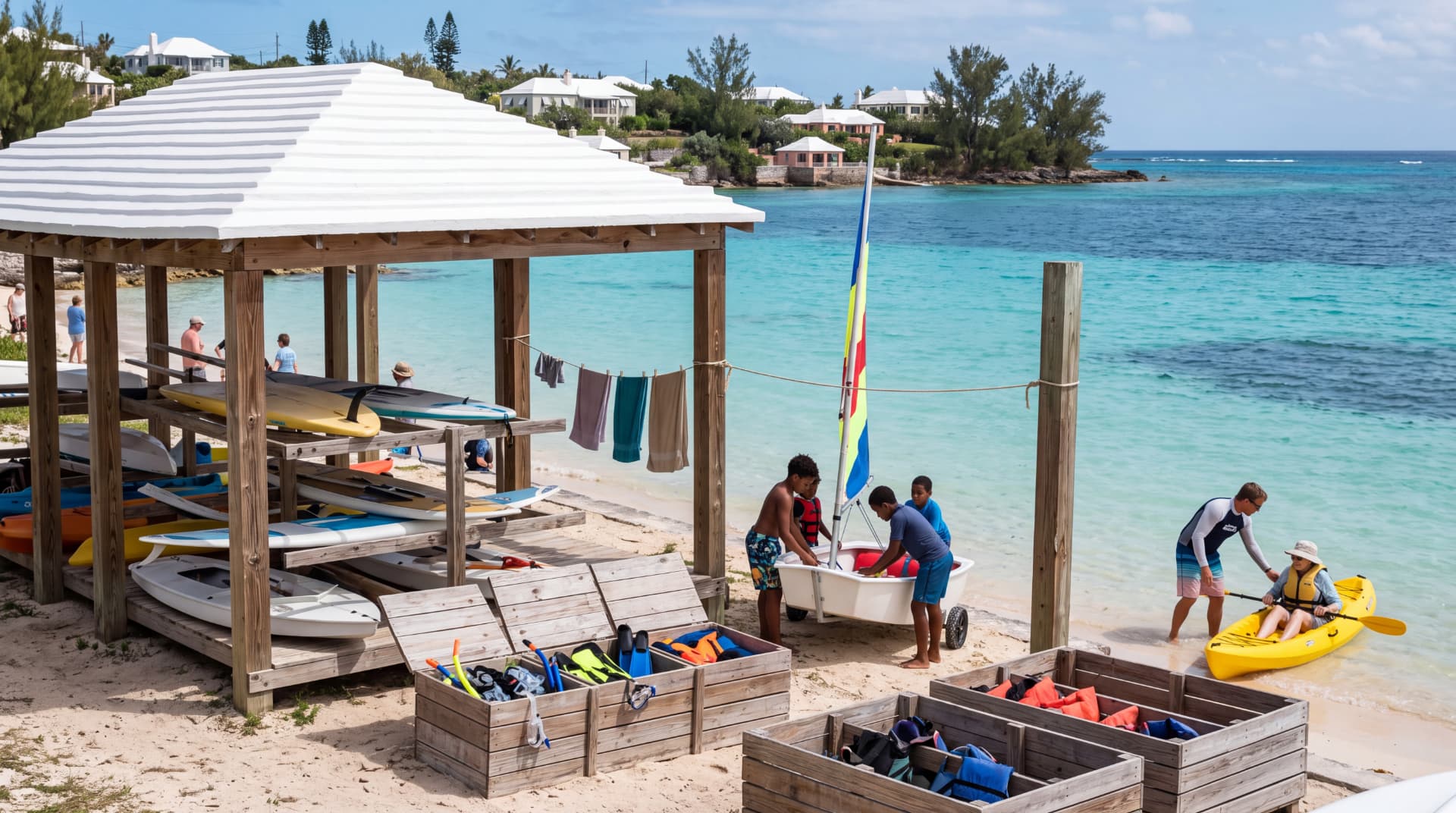 Children and adults sorting kayaks and sailing gear at an open beachside pavilion