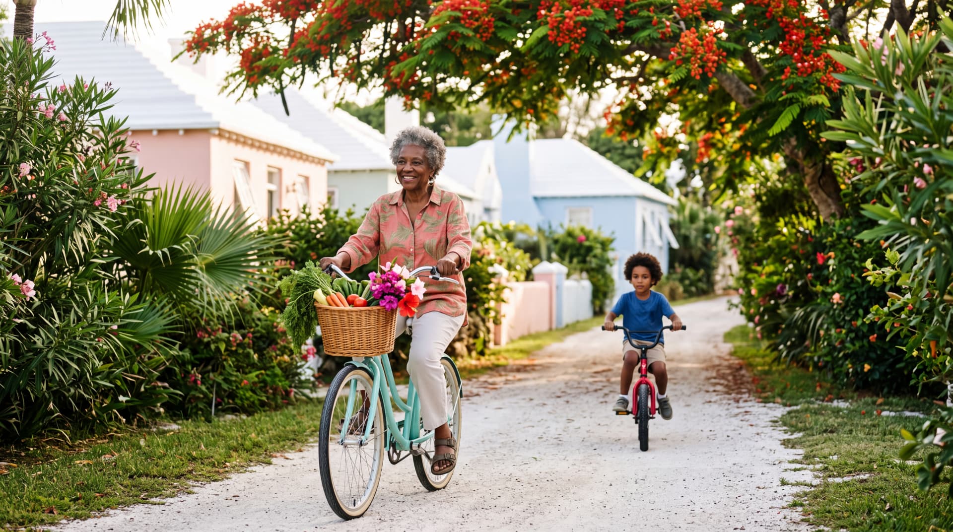 A woman and a boy riding bicycles along a shaded path under a flowering tree