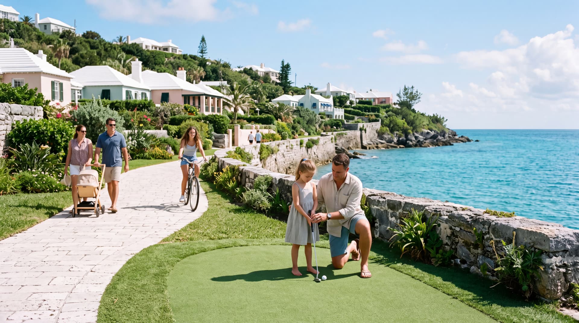 A man teaching a young girl to swing a golf club on a green above the ocean
