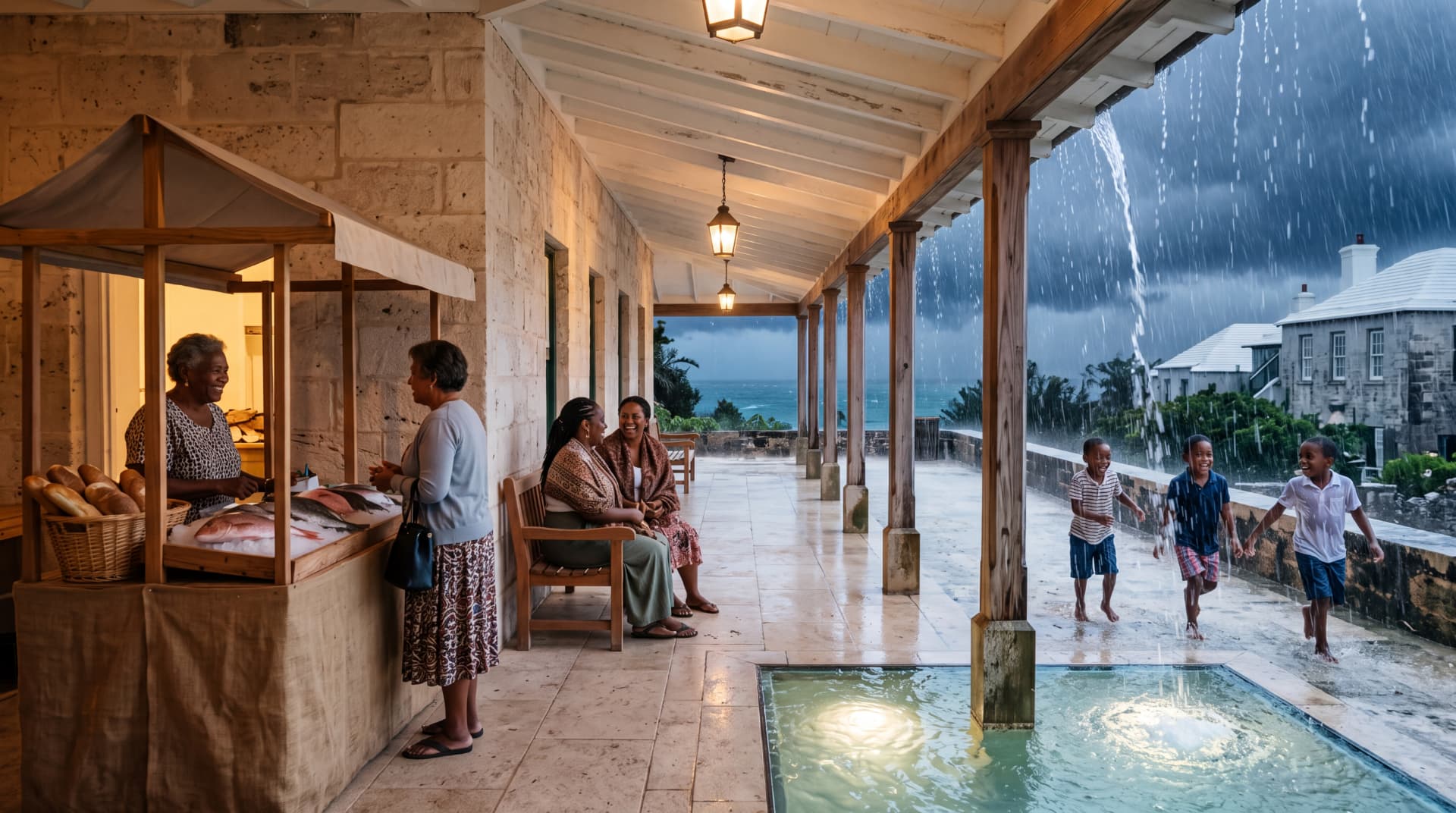 People sheltering under a stone veranda while children play in rainwater falling from the roof