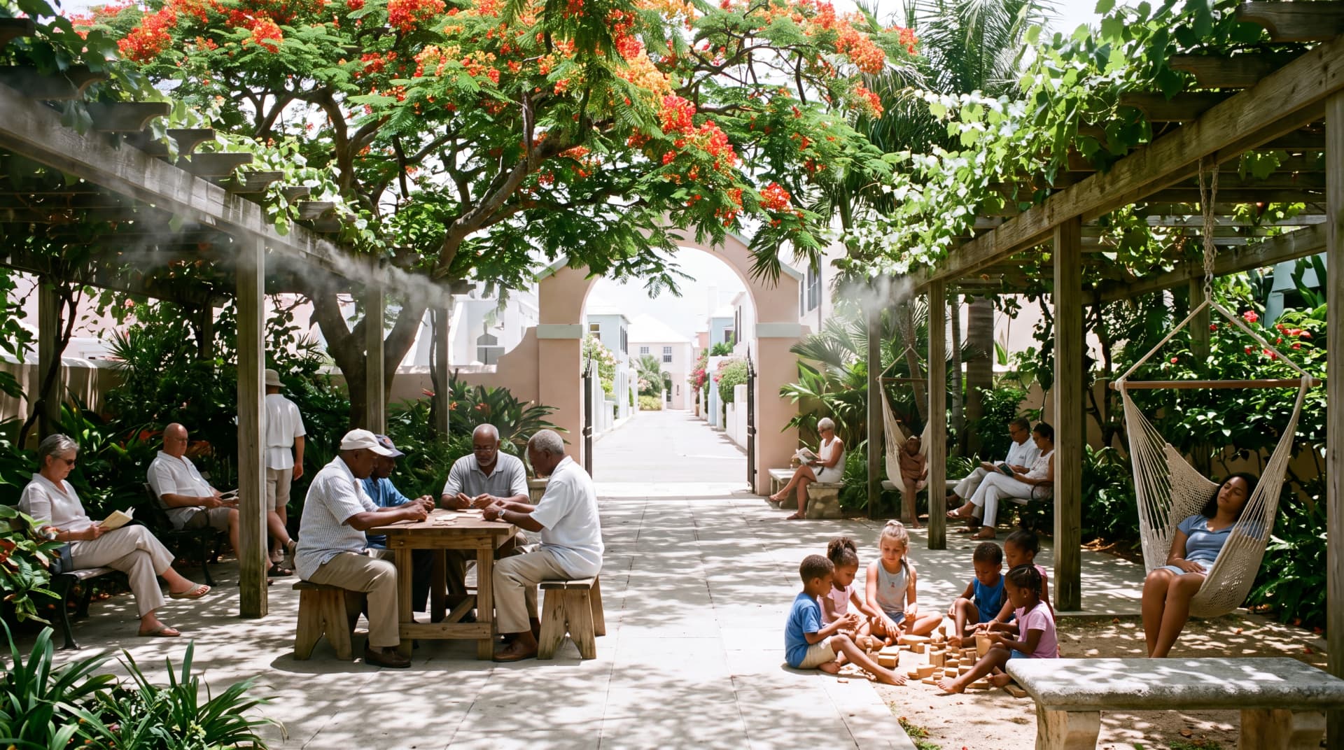 A shaded courtyard with pergolas, hammocks, dominoes on a table and children playing