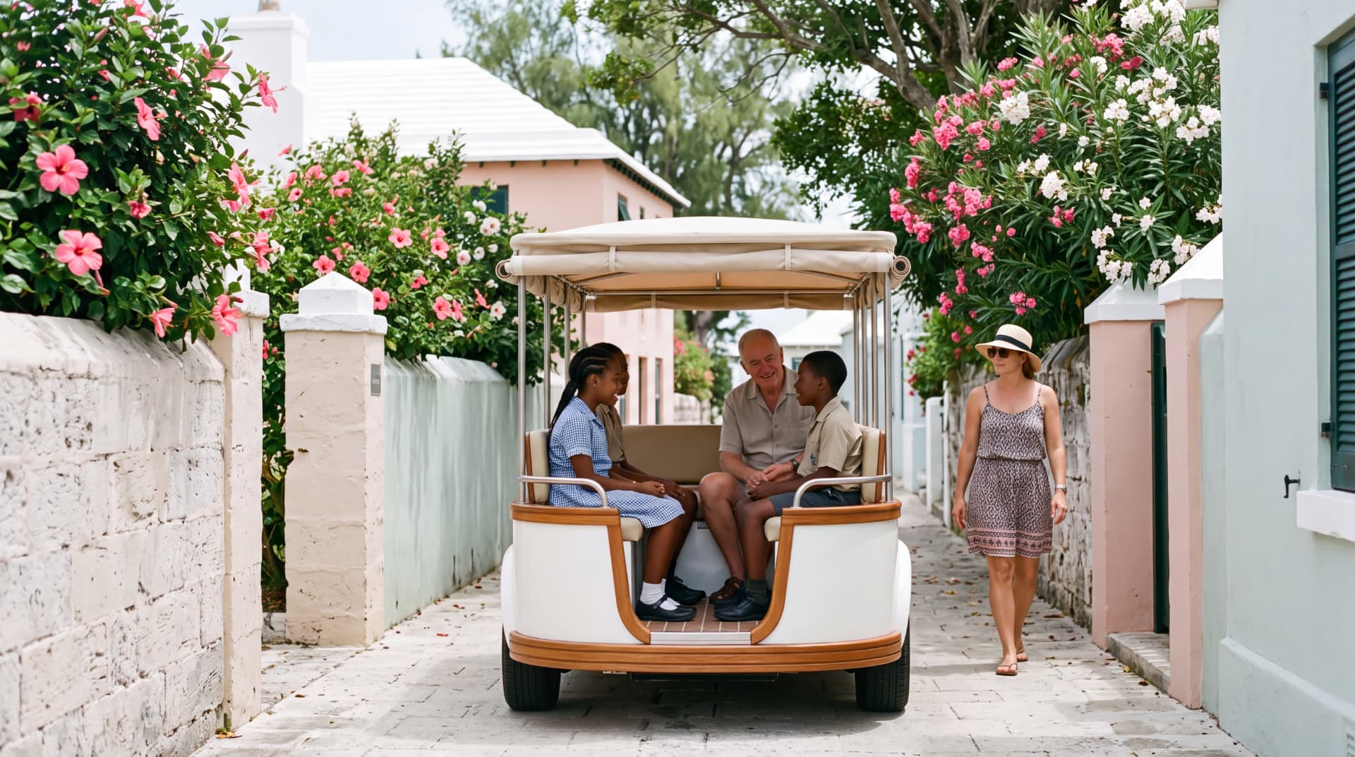 An open-sided electric shuttle carrying passengers through a narrow lane between limestone walls