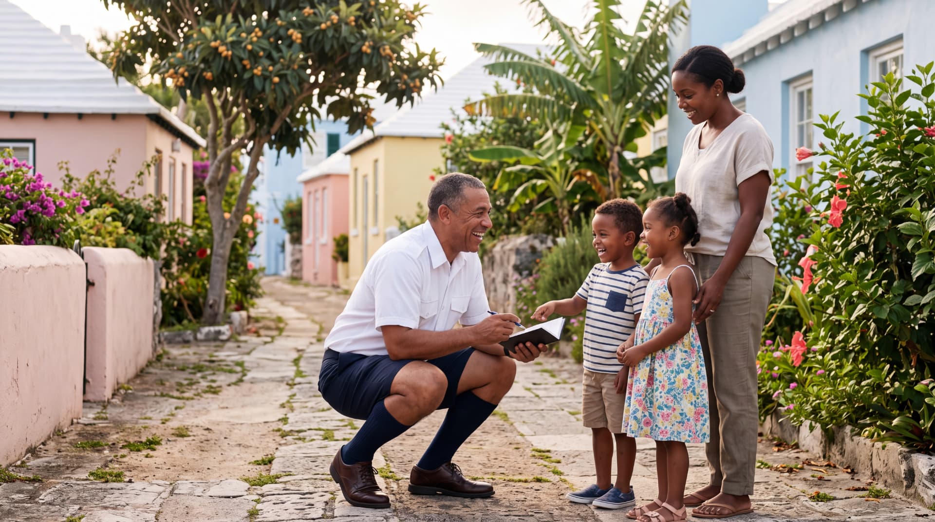 A constable in Bermuda shorts crouching to laugh with two children in a cottage lane