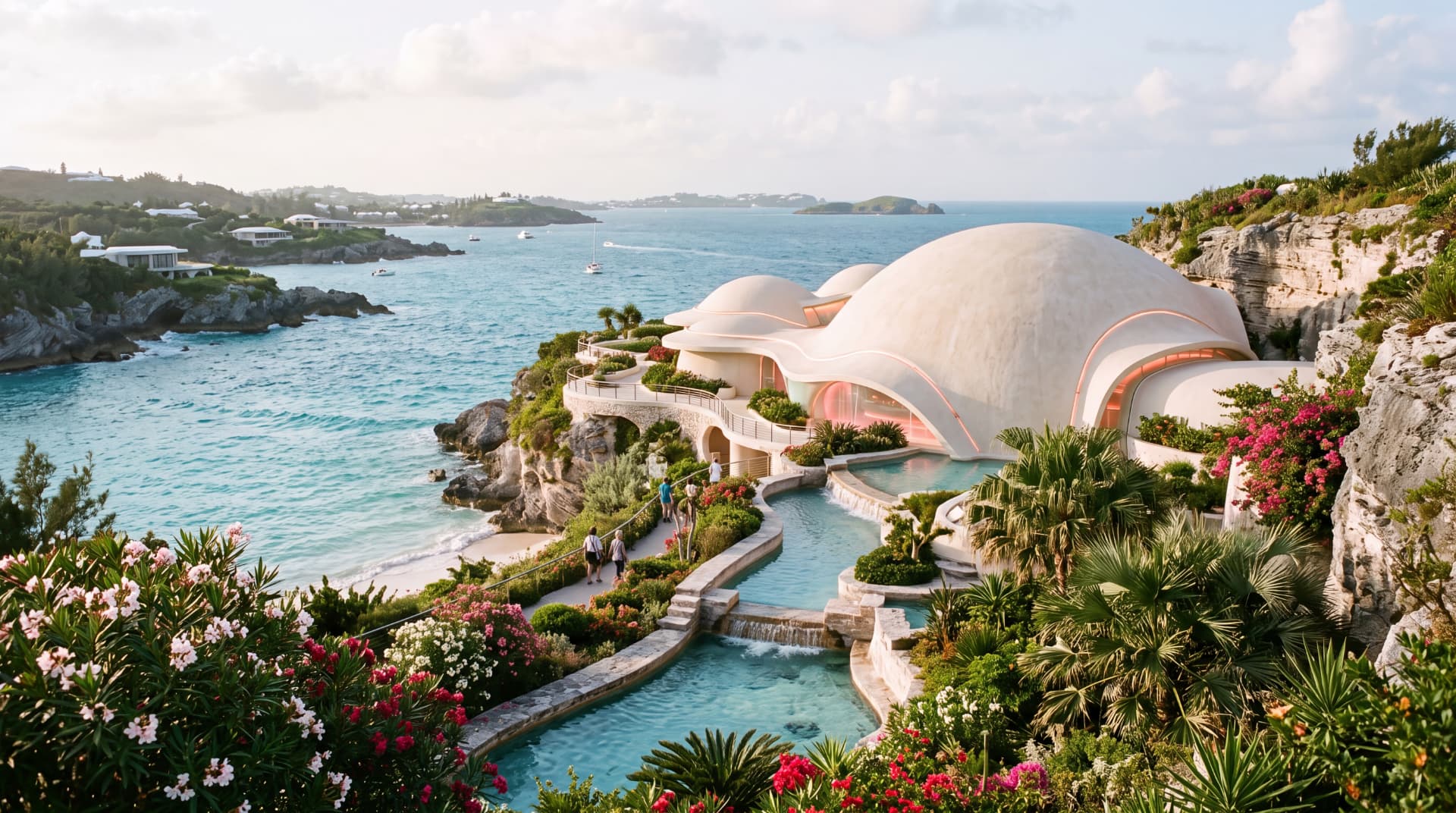 A domed fusion plant set into coastal cliffs above turquoise water