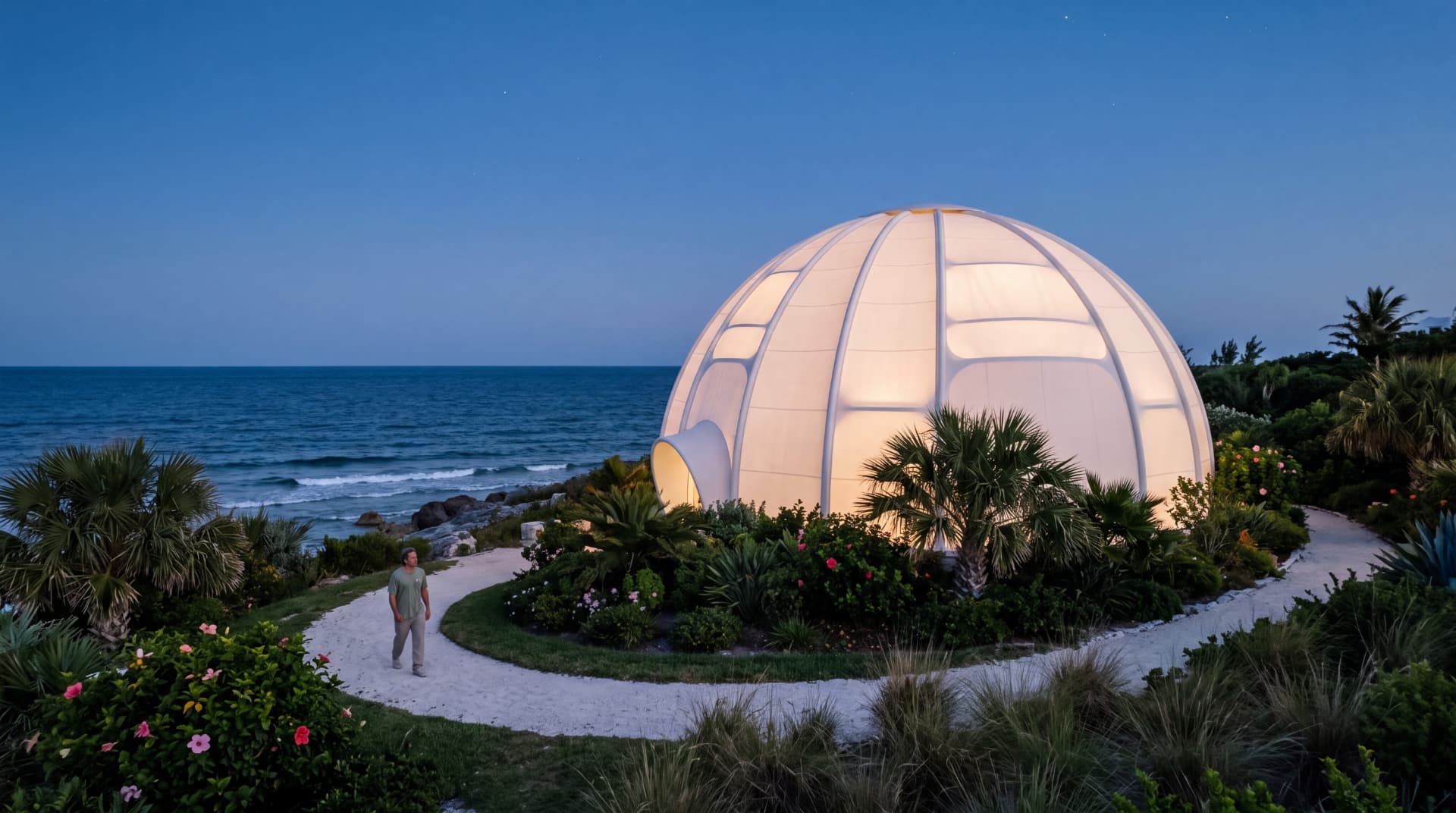 A person walking past a softly glowing white fusion dome on the coast at night