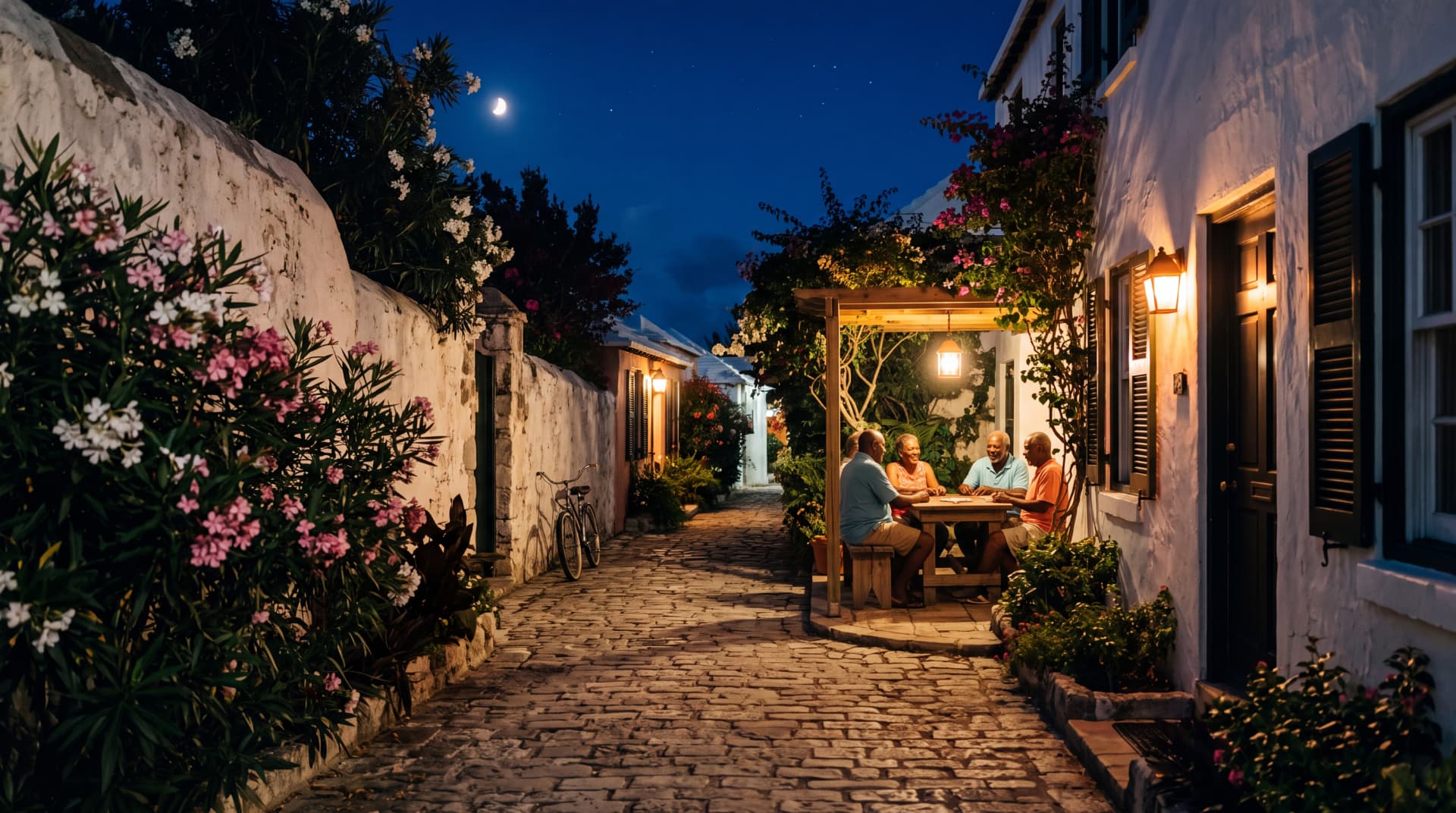 Four neighbours playing dominoes under a lantern in a moonlit cobbled lane