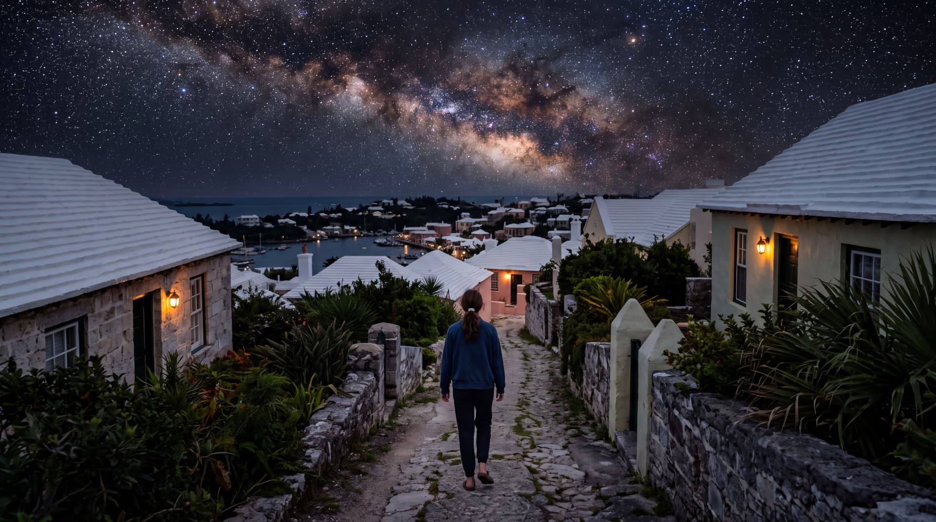 A teenager walking a stone-walled lane down to the harbour beneath a brilliant Milky Way