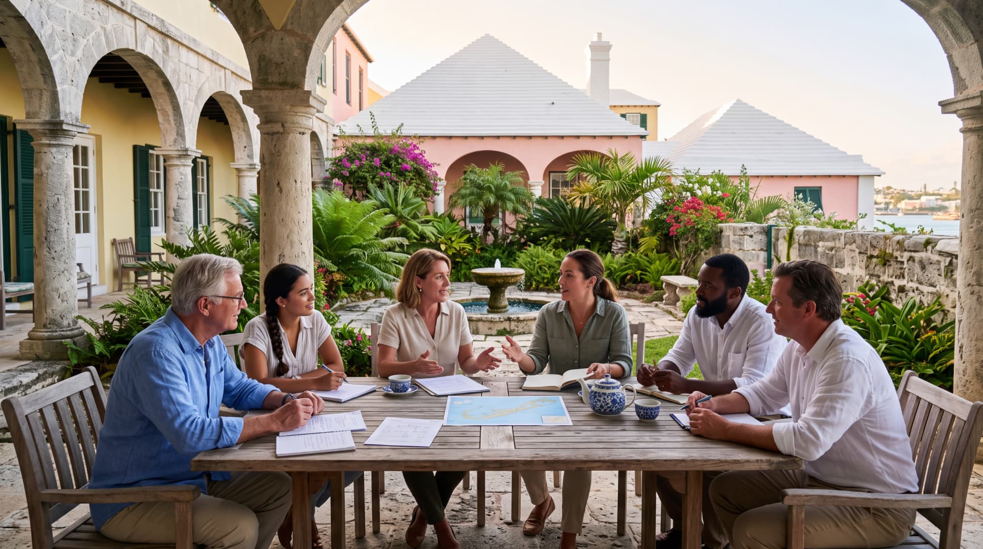 Six people around a wooden courtyard table with a map of Bermuda and working papers