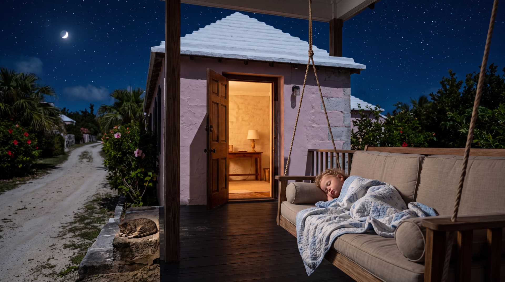 A toddler asleep on a porch swing beside an open door under a crescent moon