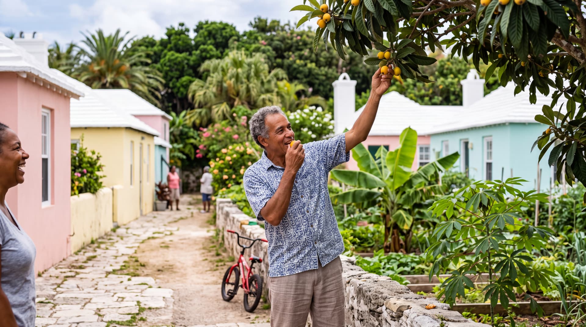 A man picking ripe loquats from a tree overhanging a cottage lane