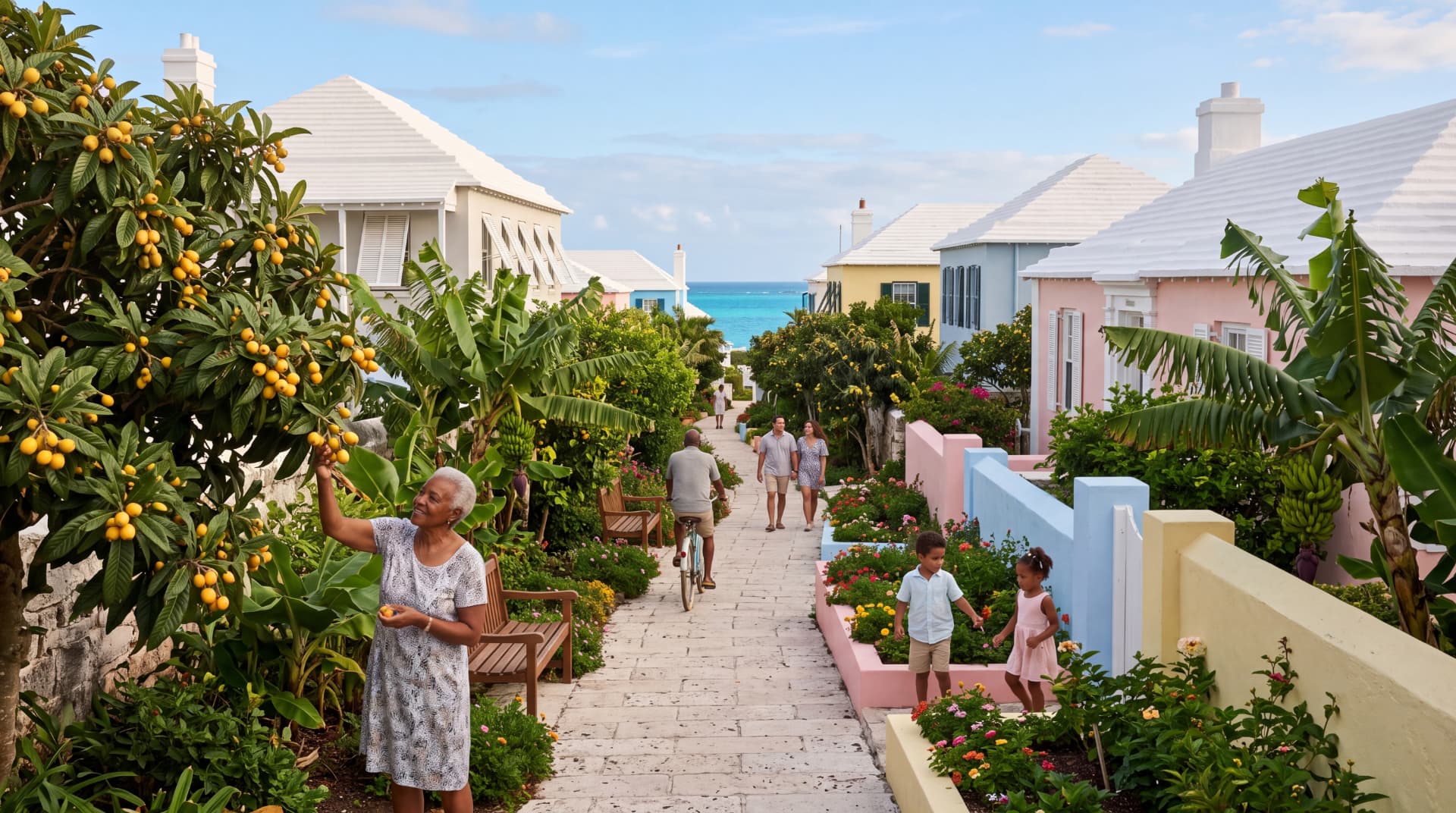 A limestone lane between pastel cottages where a road once ran, people walking and cycling toward the sea