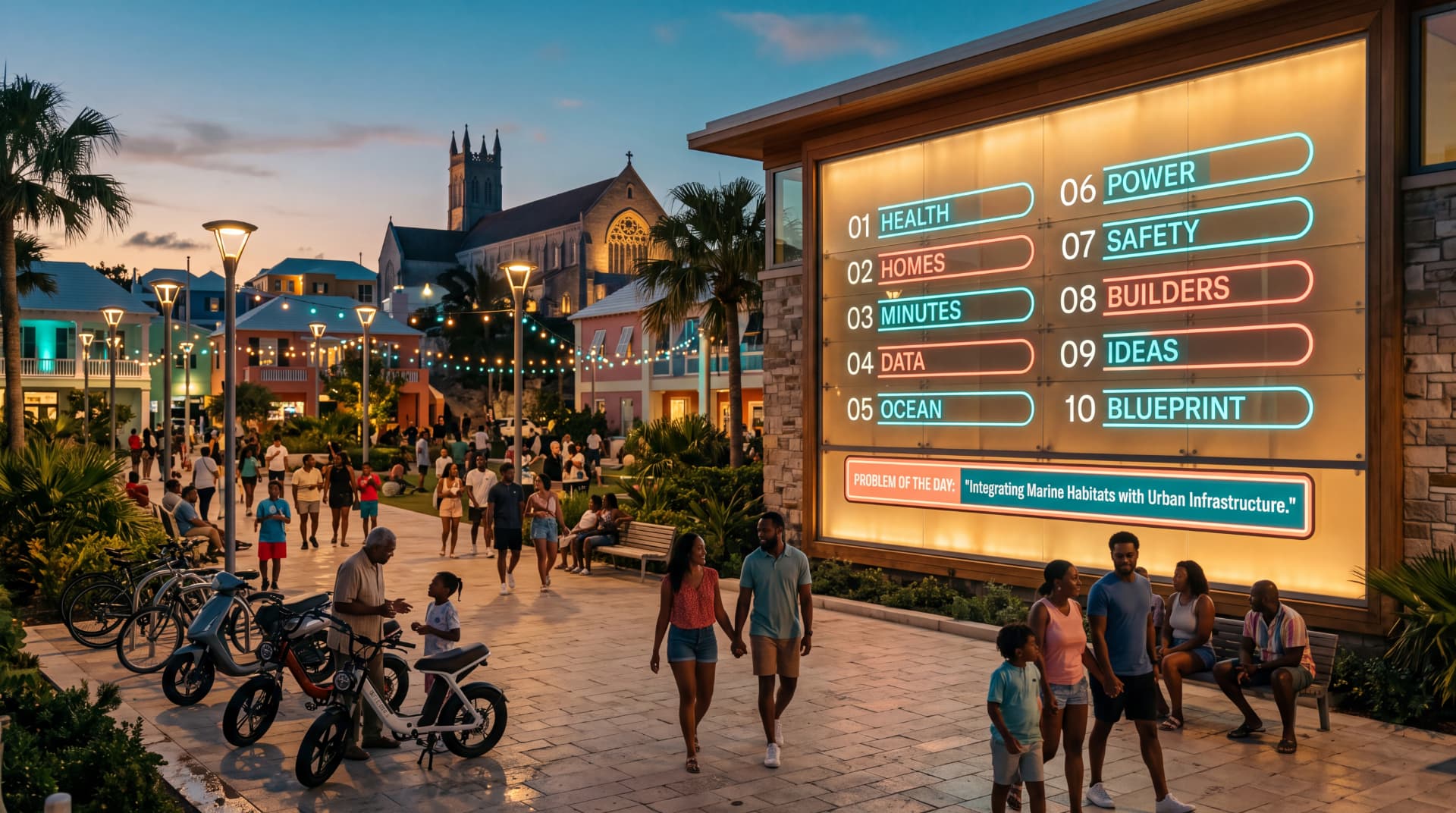 A public plaza at dusk with the ten outcomes glowing on a wall of warm glass