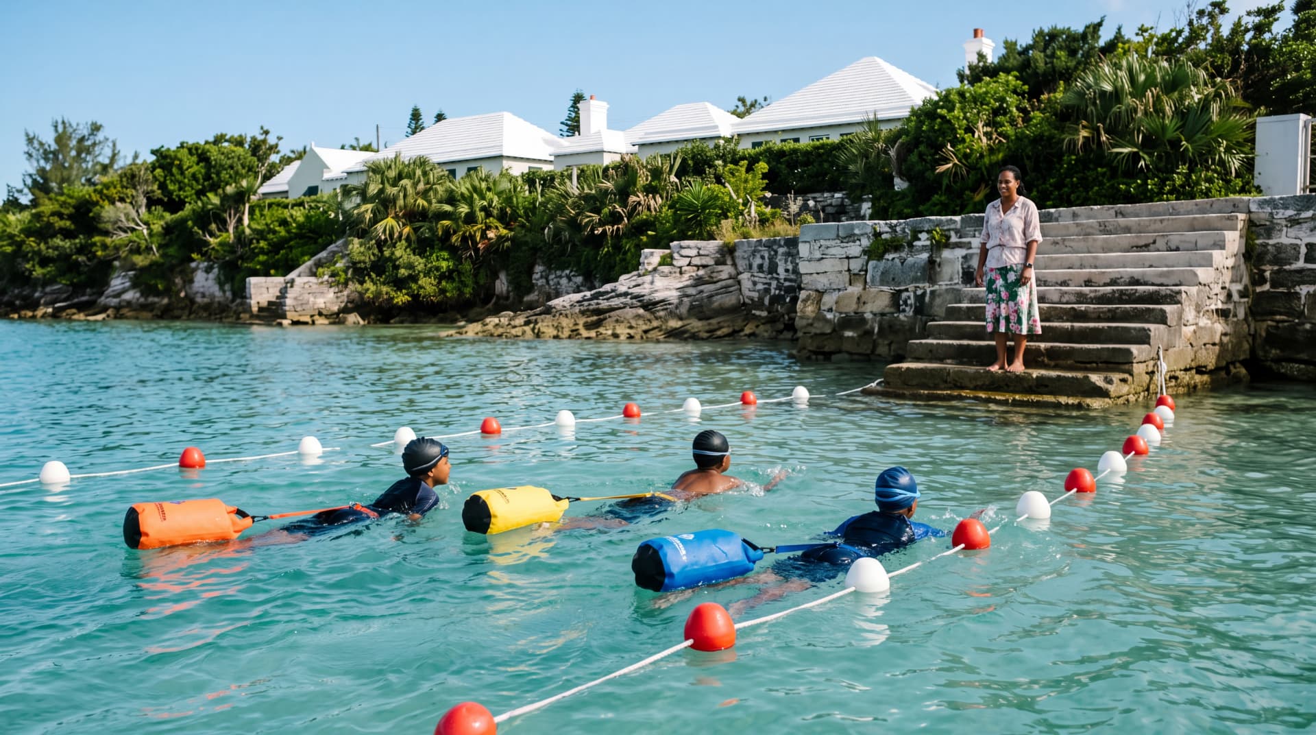 Children in swimwear with bright safety floats swimming a marked lane along the shoreline to school