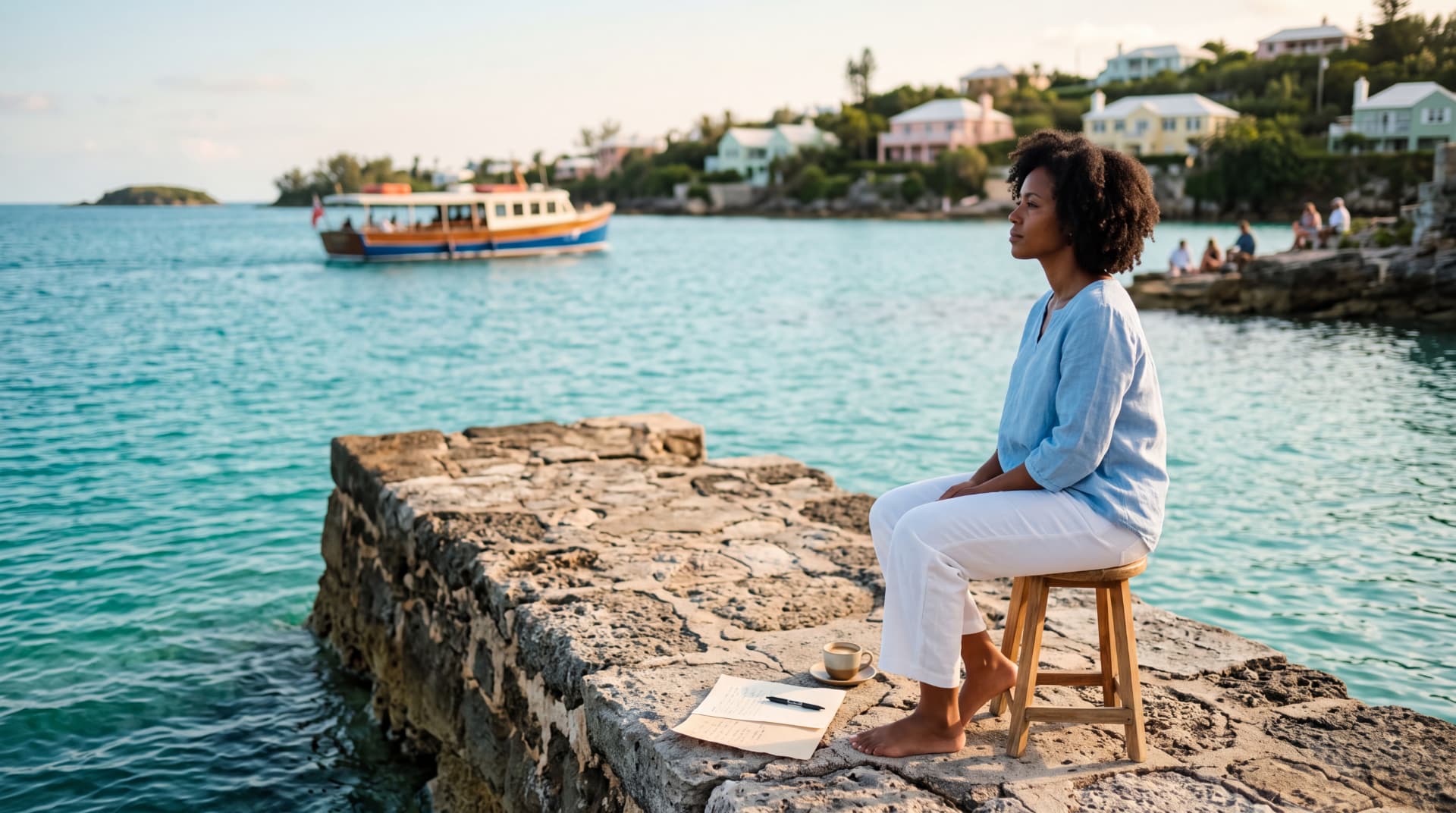 A woman writing at a stool on a stone pier with a moored boat behind her