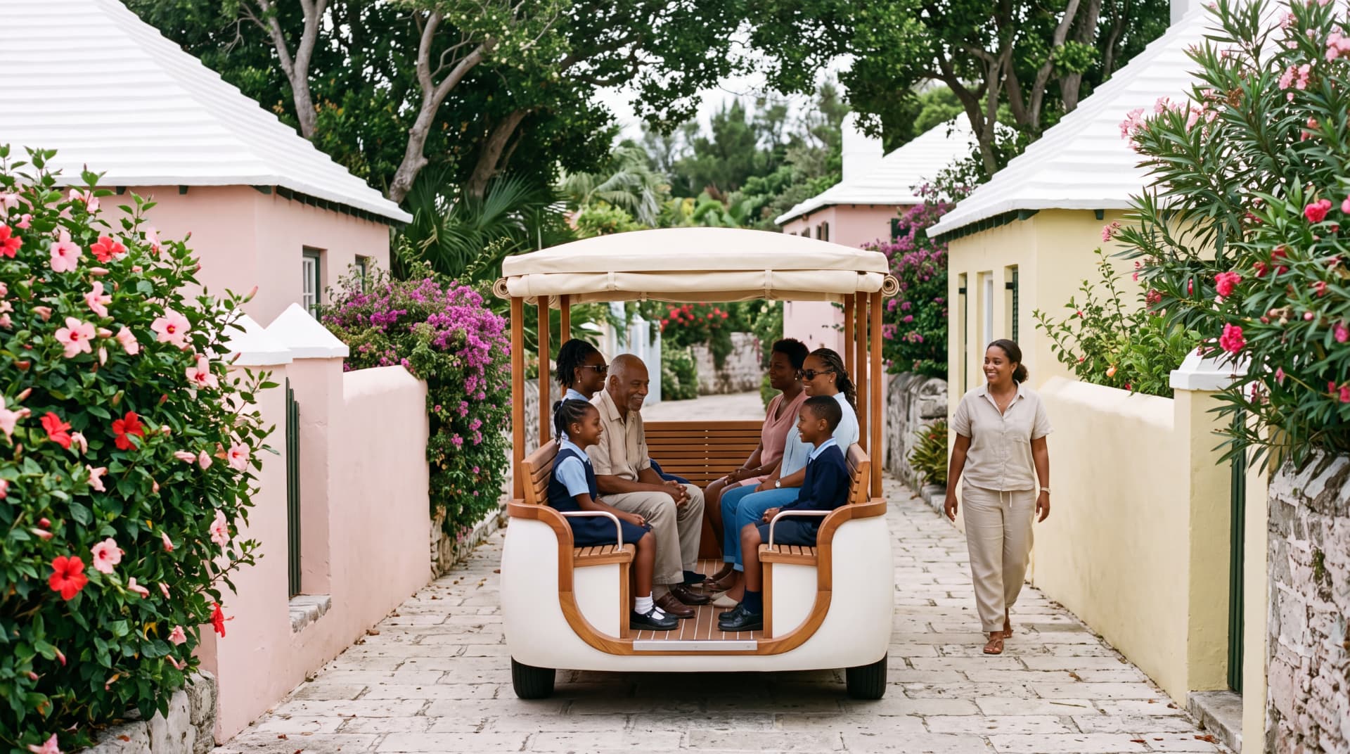 A small open electric jitney carrying schoolchildren and an elder along a hedged cottage lane