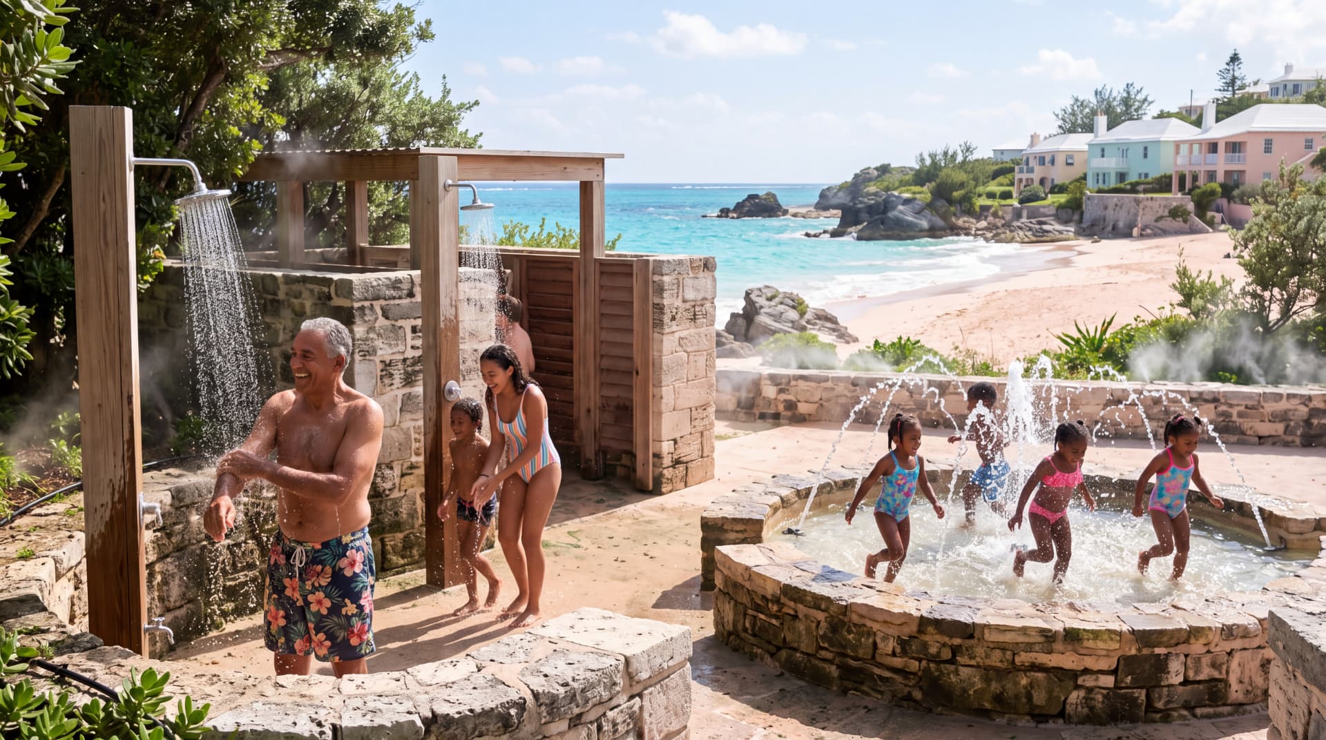 Swimmers rinsing at an open stone beach shower while children play in a low fountain