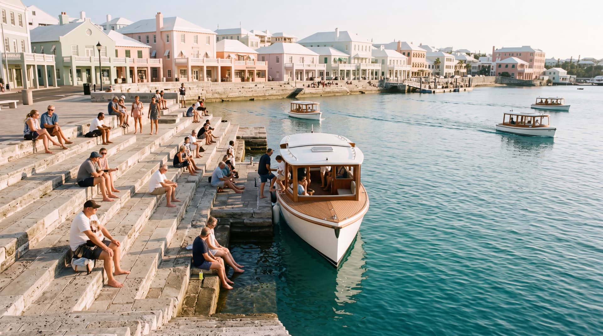 An electric ferry arriving at limestone steps where people sit with their feet in the water