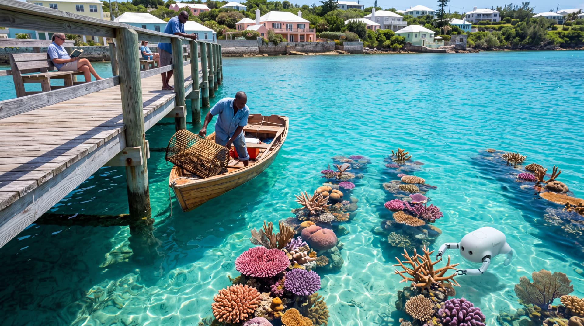 A fisherman in a wooden boat beside a coral nursery tended by a small white robot